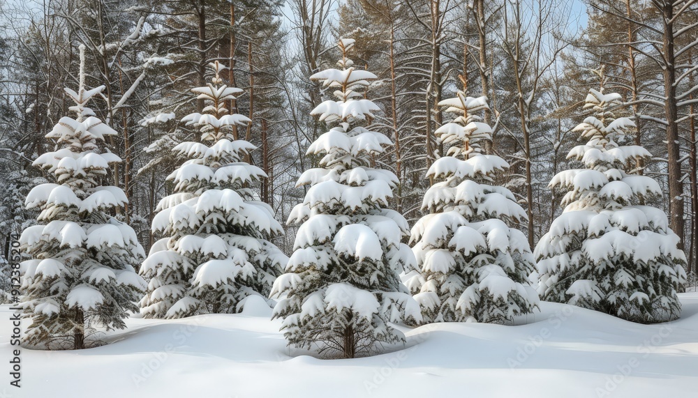 Snow-covered pine trees in a tranquil winter wonderland with soft falling snow Snow-covered pine trees in a tranquil winter wonderland with soft falling snow