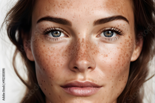 Close up caucasian woman's face with freckles or age spots photo. Age spots on the face close up photo . isolated on white background
 photo