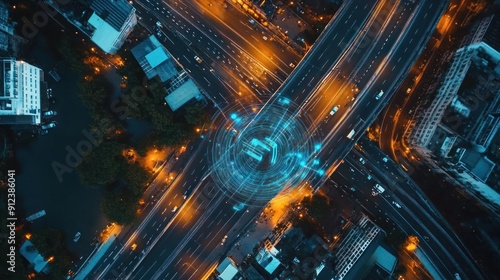 Aerial Night View of City Intersection with Futuristic Digital Interface