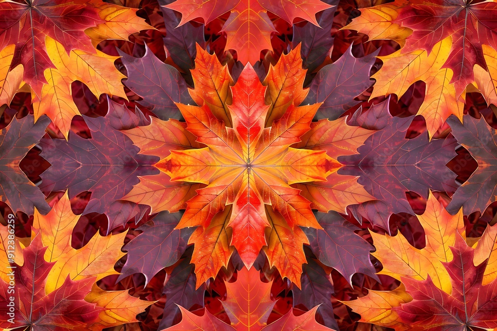 A kaleidoscope pattern of autumn leaves in fiery reds, oranges, and yellows, arranged symmetrically. Sharp contrasts and intricate details creating a sense of complexity. A kaleidoscope pattern of autumn leaves in fiery reds, oranges, and yellows, arranged symmetrically. Sharp contrasts and intricate details creating a sense of complexity.