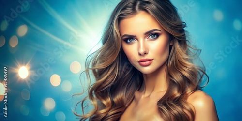 Glowing woman with flawless skin and luscious hair poses serenely against a vibrant blue background, showcasing radiant beauty and healthy wellness in a studio setting.