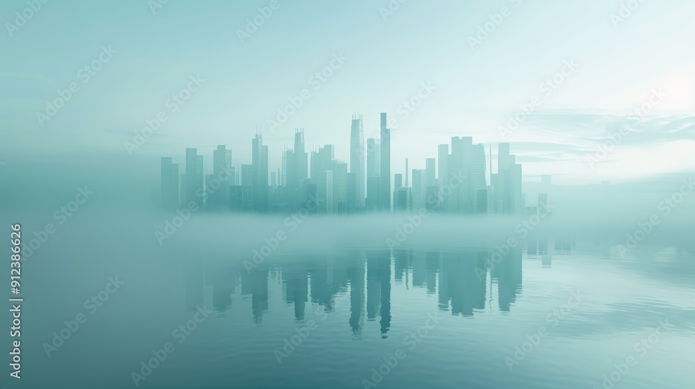 A city skyline is reflected in a foggy body of water A city skyline is reflected in a foggy body of water