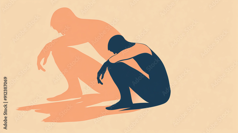 illustration of sad person sitting with large shadow casting and crouching over against orange background illustration of sad person sitting with large shadow casting and crouching over against orange background