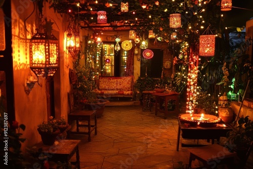 A Cozy Patio Adorned with Warm, Festive Lights and Lanterns