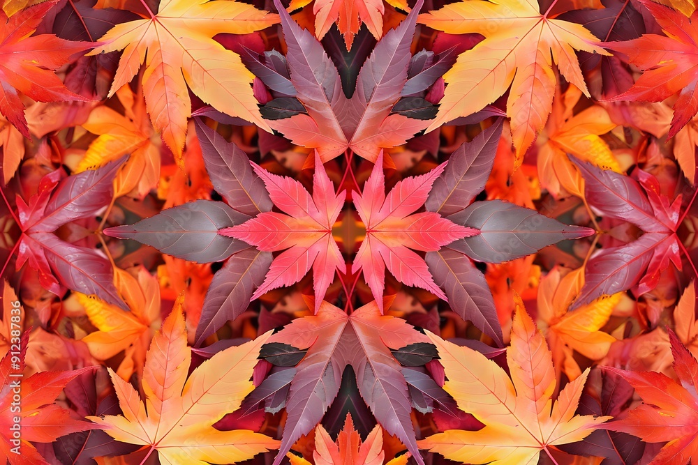 A kaleidoscope pattern of autumn leaves in fiery reds, oranges, and yellows, arranged symmetrically. Sharp contrasts and intricate details creating a sense of complexity. A kaleidoscope pattern of autumn leaves in fiery reds, oranges, and yellows, arranged symmetrically. Sharp contrasts and intricate details creating a sense of complexity.