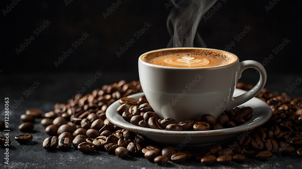 A cup of coffee, Espresso coffee with coffee beans A cup of coffee, Espresso coffee with coffee beans