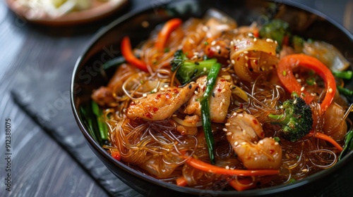 Close-up of Spicy Stir-Fried Glass Noodles with Chicken and Vegetables