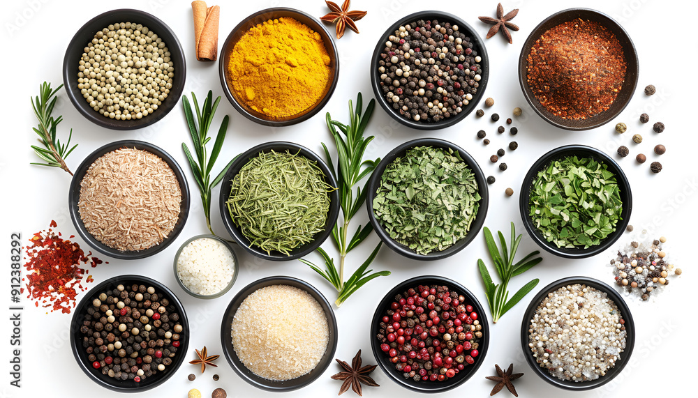 Collage of various spices and herbs in bowls isolated on white background. Top view Collage of various spices and herbs in bowls isolated on white background. Top view