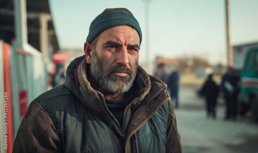 cinematic portrait of an attractive middle-aged Greek man with a beard in a winter jacket and beanie, waiting at an Italian bus station, surrounded by people walking cinematic portrait of an attractive middle-aged Greek man with a beard in a winter jacket and beanie, waiting at an Italian bus station, surrounded by people walking