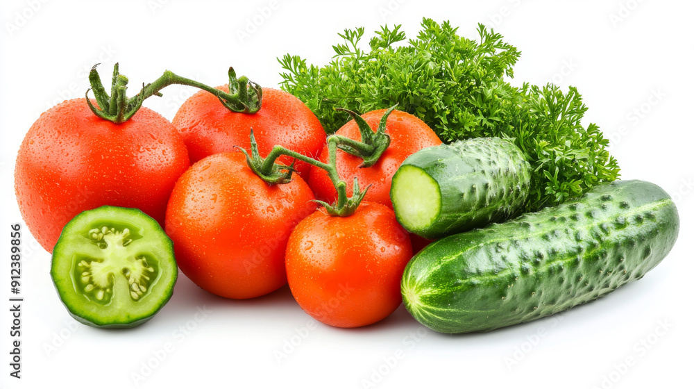 Tomatoes and cucumbers on a white background. Tomatoes and cucumbers on a white background.