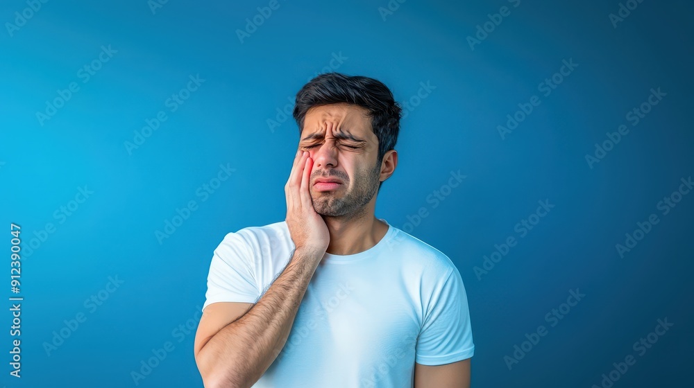 An Indian man suffering from tooth pain isolated on a blue background, showing discomfort, dental issue, facial pain An Indian man suffering from tooth pain isolated on a blue background, showing discomfort, dental issue, facial pain