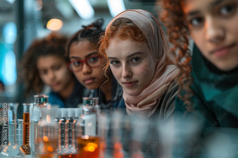 Young people of various ethnicities working together in a science lab Young people of various ethnicities working together in a science lab