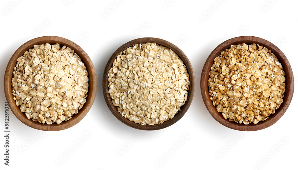 Set of bowl of oats porridge isolated on white background. Top view Set of bowl of oats porridge isolated on white background. Top view