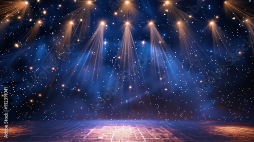 Beautiful blue and gold stage with lights and a lot of sparkles
