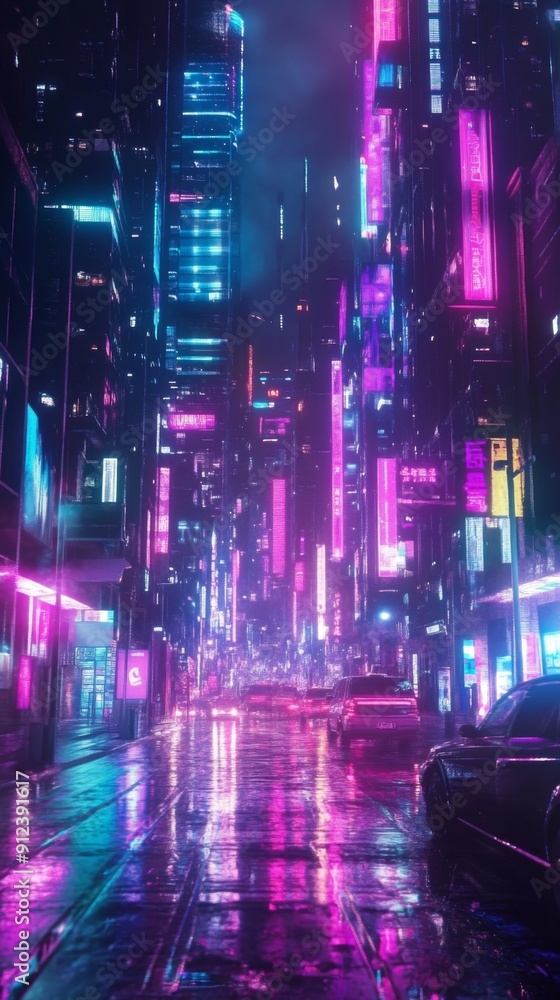 Fototapeta premium Urban Pulse: The Animated Cityscape's Vibrant Heartbeat with Neon Lights and Bustling Streets