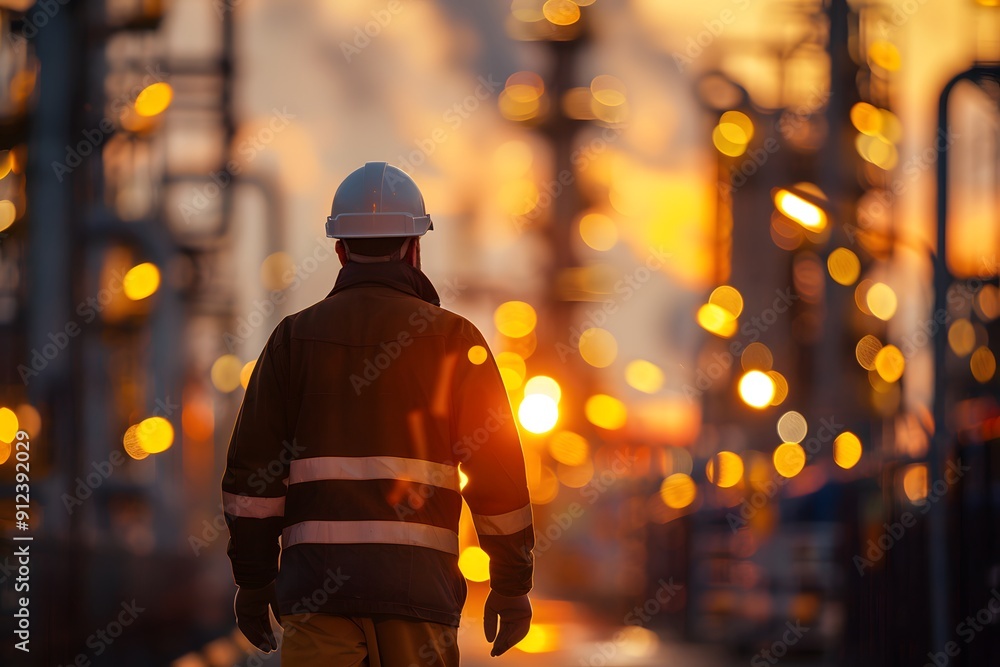 a worker walks along an industrial plant area a worker walks along an industrial plant area