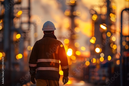 a worker walks along an industrial plant area