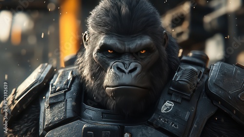 3D Render of a Gorilla in Tactical Battle Armor with Intense Glowing Eyes - Powerful and Futuristic Animal Character for Sci-Fi Concept Art and Game Design photo