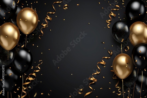 Elegant Black and Gold Balloons with Confetti for a Festive Occasion