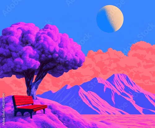 glitch retro synthwave scene; a bench under a tree near some mountains under a half-moon photo