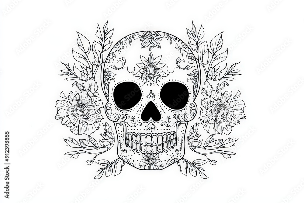 Obraz premium Intricately drawn decorative skull with floral patterns celebrating the day of the dead