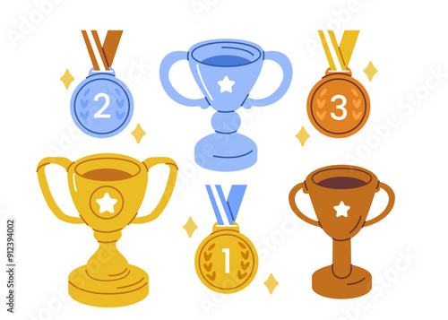 
Gold, silver and bronze award winning cup and prize medals. Trophies for winners set. Championship and success concept. Vector illustration.