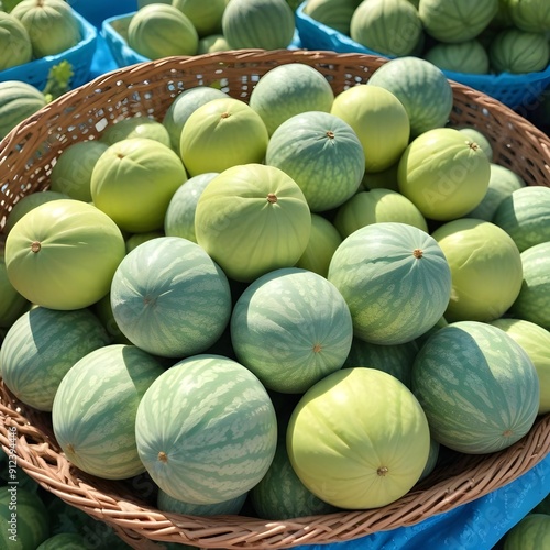 Fresh melons in a basket at a farmers market