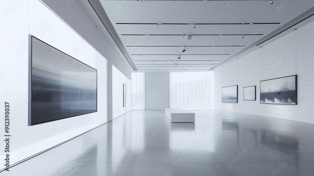 A modern art gallery with white walls and a large window. A modern art gallery with white walls and a large window.