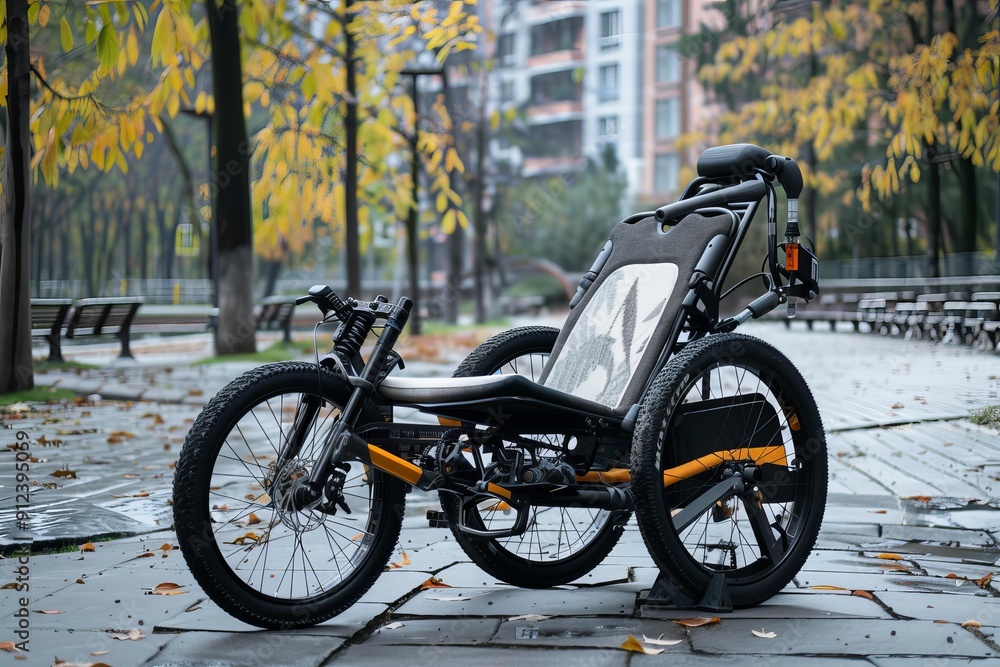 Obraz premium Modern three wheeled recumbent bicycle is standing on a cobblestone path in an autumnal urban park