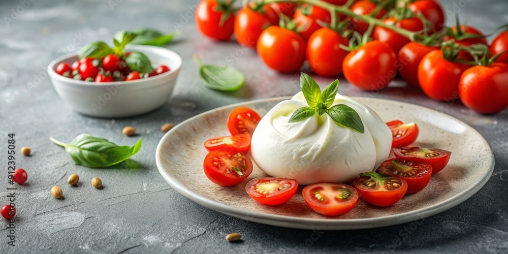 Plate with Italian cheese burrata and tomatoes on light table, burrata, Italian, cheese, tomatoes, appetizer Plate with Italian cheese burrata and tomatoes on light table, burrata, Italian, cheese, tomatoes, appetizer