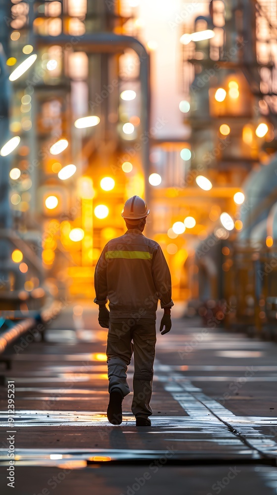 a worker walks along an industrial plant area a worker walks along an industrial plant area