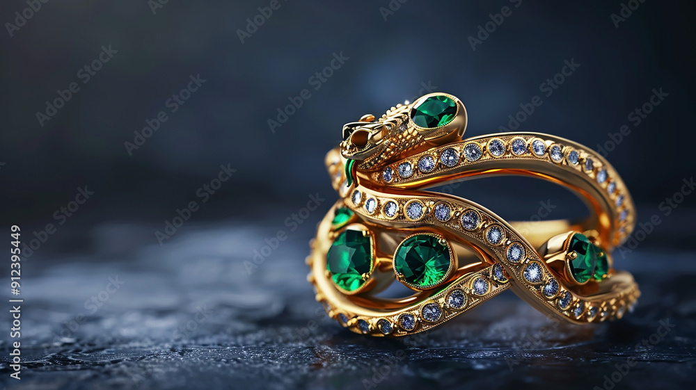 Gold designer jewelry in the shape of a snake with green emerald stones and shiny diamonds Gold designer jewelry in the shape of a snake with green emerald stones and shiny diamonds