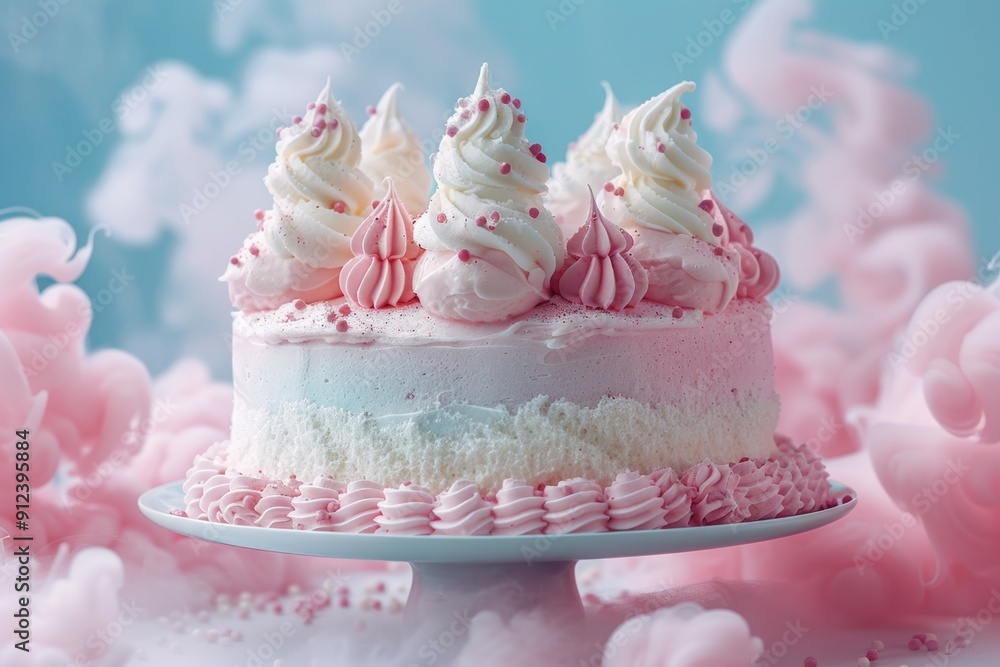 A delightful pastel-colored cake with swirled frosting, decorated with small candies and sprinkles, set against a soft pink background. A delightful pastel-colored cake with swirled frosting, decorated with small candies and sprinkles, set against a soft pink background.