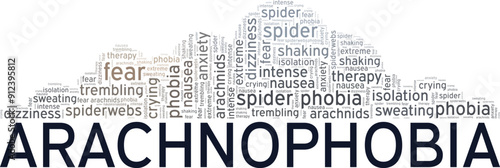 Arachnophobia: Fear of Spiders word cloud conceptual design isolated on white background.