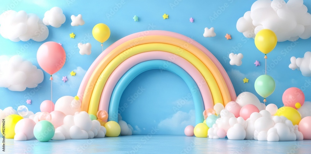 3D background with rainbow and colorful balloons. Mockup and greeting card template. 3D background with rainbow and colorful balloons. Mockup and greeting card template.