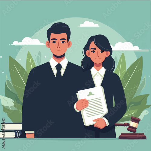 flat illustration of judicial characters, judge, lawyer