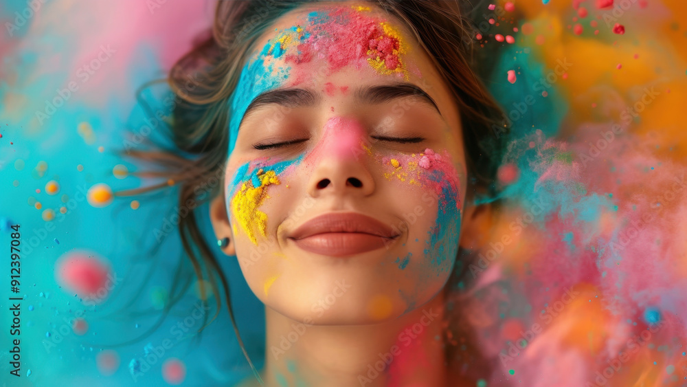Young woman smiling with eyes closed, covered in vibrant Holi powder colors Young woman smiling with eyes closed, covered in vibrant Holi powder colors