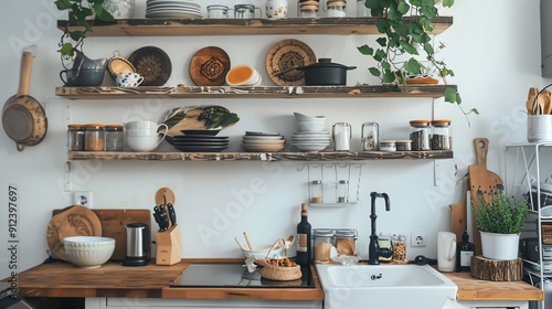 A rustic kitchen with open wooden shelves, a farmhouse sink, and greenery.