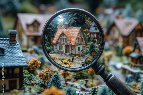 magnifying glass hovering over a miniature neighborhood casting a spotlight on a quaint house symbolizing the search for the perfect home in a sea of real estate options