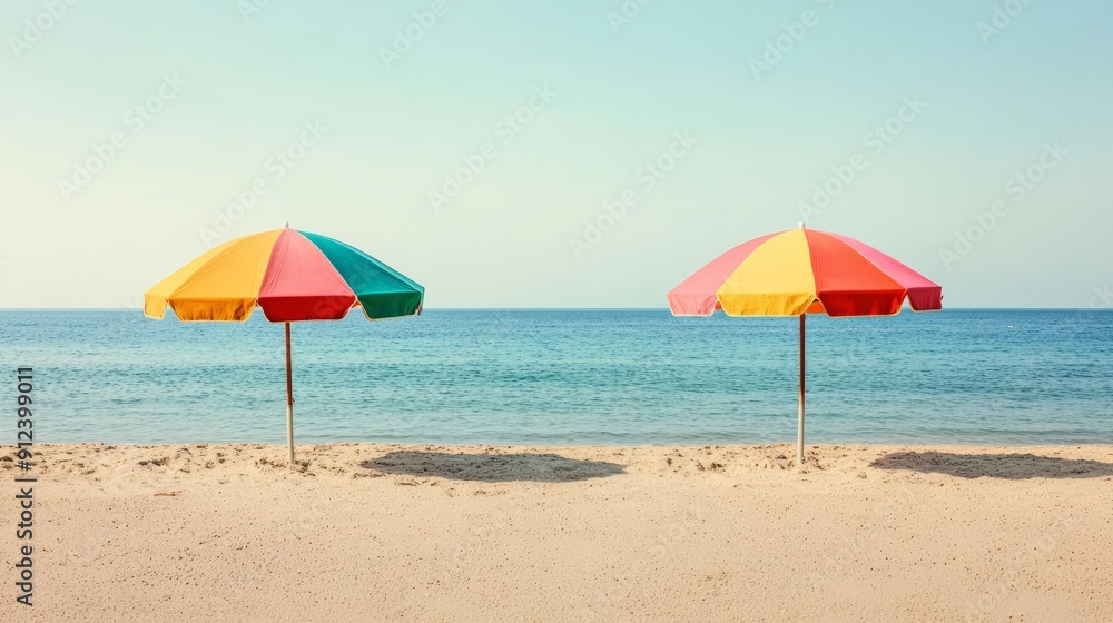 Sunny day at the beach with two brightly colored umbrellas and a calm sea, perfect setting for a tranquil seaside escape, vacation relaxation Sunny day at the beach with two brightly colored umbrellas and a calm sea, perfect setting for a tranquil seaside escape, vacation relaxation