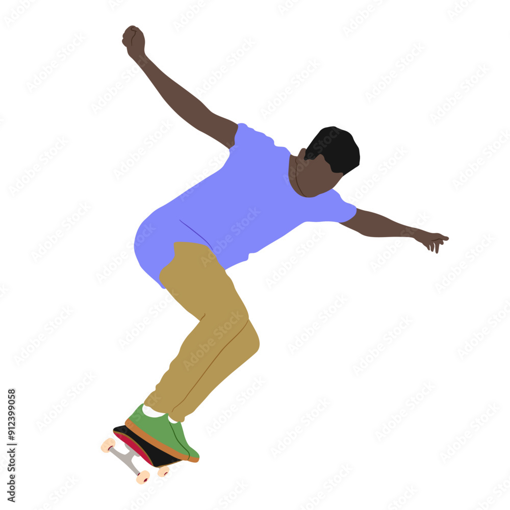 Fototapeta premium Dynamic silhouette of skateboarder performing mid-air trick. Іmage of skate flip trick. Colored vector illustration of silhouette. Fluid motion and athletic skateboarding skill