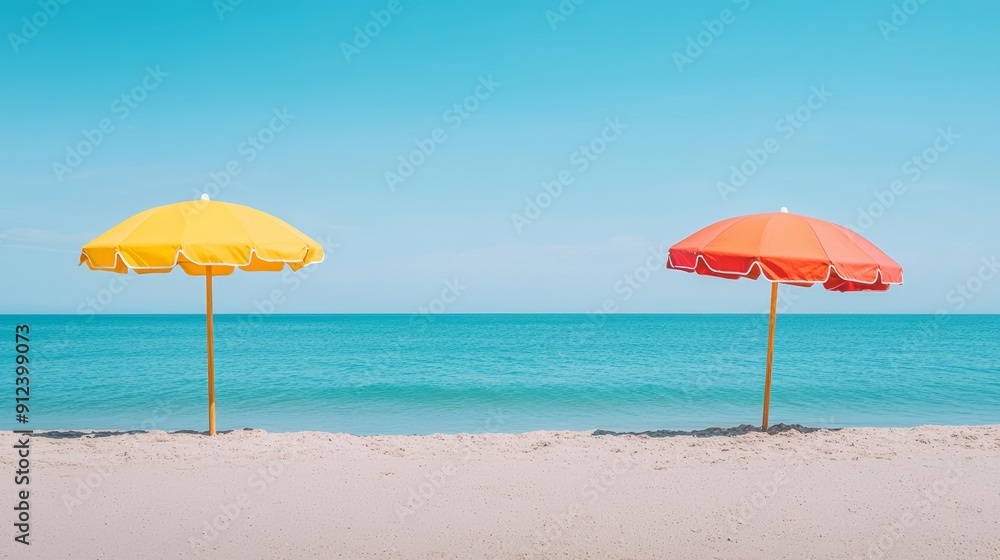 Sunny day at the beach with two brightly colored umbrellas and a calm sea, perfect setting for a tranquil seaside escape, vacation relaxation Sunny day at the beach with two brightly colored umbrellas and a calm sea, perfect setting for a tranquil seaside escape, vacation relaxation