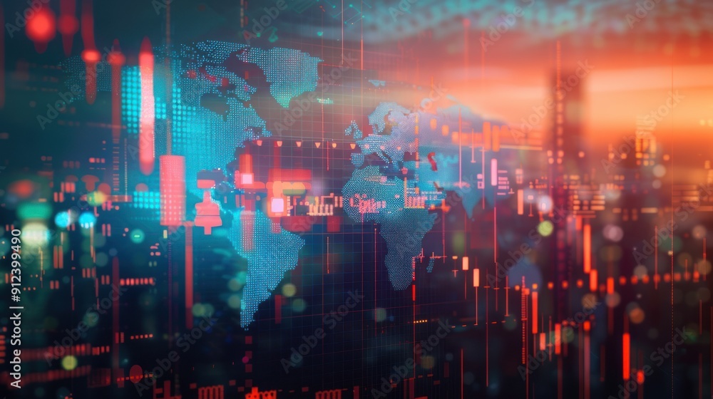 Obraz premium Abstract double exposure colorful business graph with a city in the background