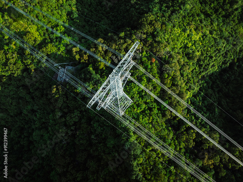 фотографія Aerial view of high voltage electric tower in forest