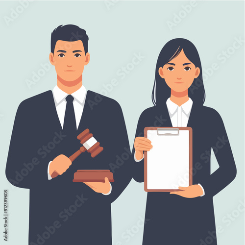 flat illustration of judicial characters, judge, lawyer