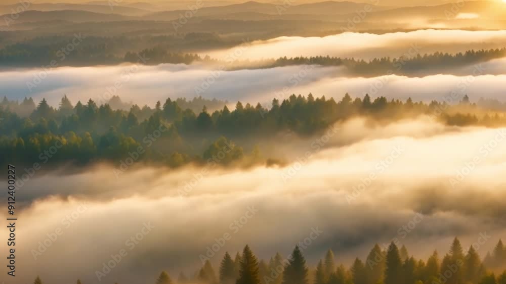 Aerial view of sunrise in the misty forest. Foggy golden sunset in mountains. Flying over green trees valley. Morning mist, country fields, sun rising above the horizon. landscape 4K footage Aerial view of sunrise in the misty forest. Foggy golden sunset in mountains. Flying over green trees valley. Morning mist, country fields, sun rising above the horizon. landscape 4K footage