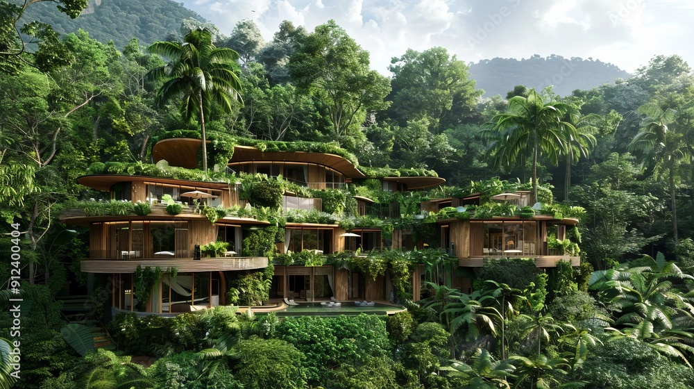 Luxurious eco-resort nestled in a dense tropical rainforest, showcasing sustainable architecture and green energy, eco-friendly travel destination Luxurious eco-resort nestled in a dense tropical rainforest, showcasing sustainable architecture and green energy, eco-friendly travel destination