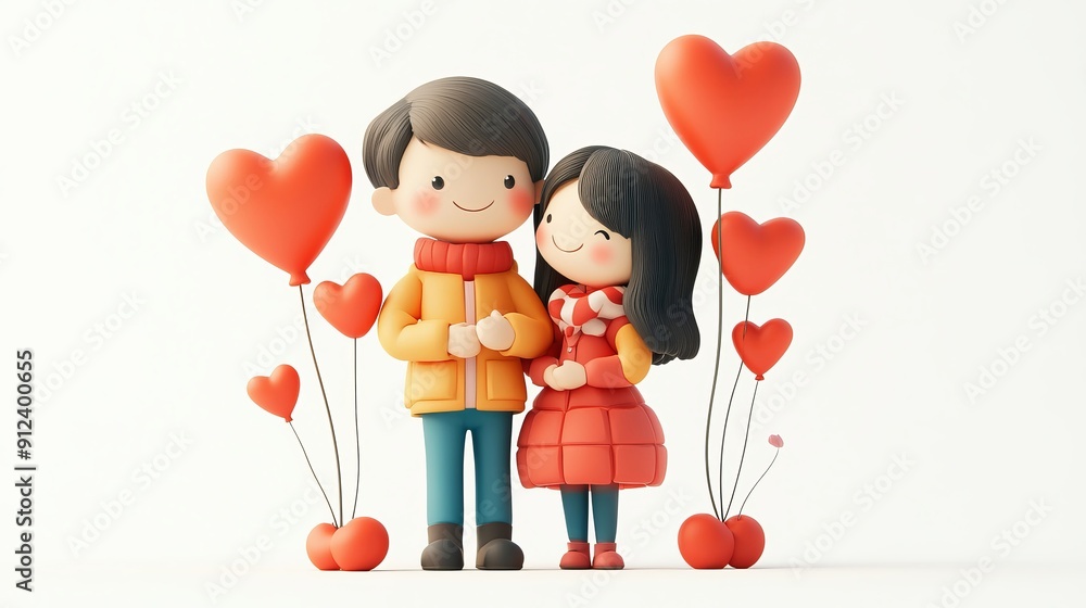 Cute Cartoon Couple Surrounded by Heart Balloons in Bright Setting Cute Cartoon Couple Surrounded by Heart Balloons in Bright Setting