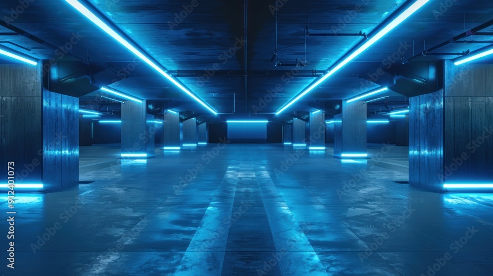 Fototapeta premium A large empty corridor room with blue lights on the ceiling