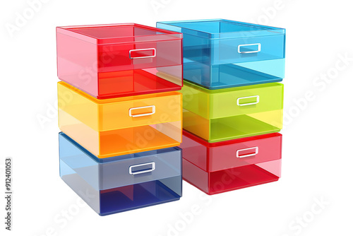 A Rainbow Stack of Colorful Plastic Drawer Organizers for Home or Office on a White or Clear Surface PNG Transparent Background